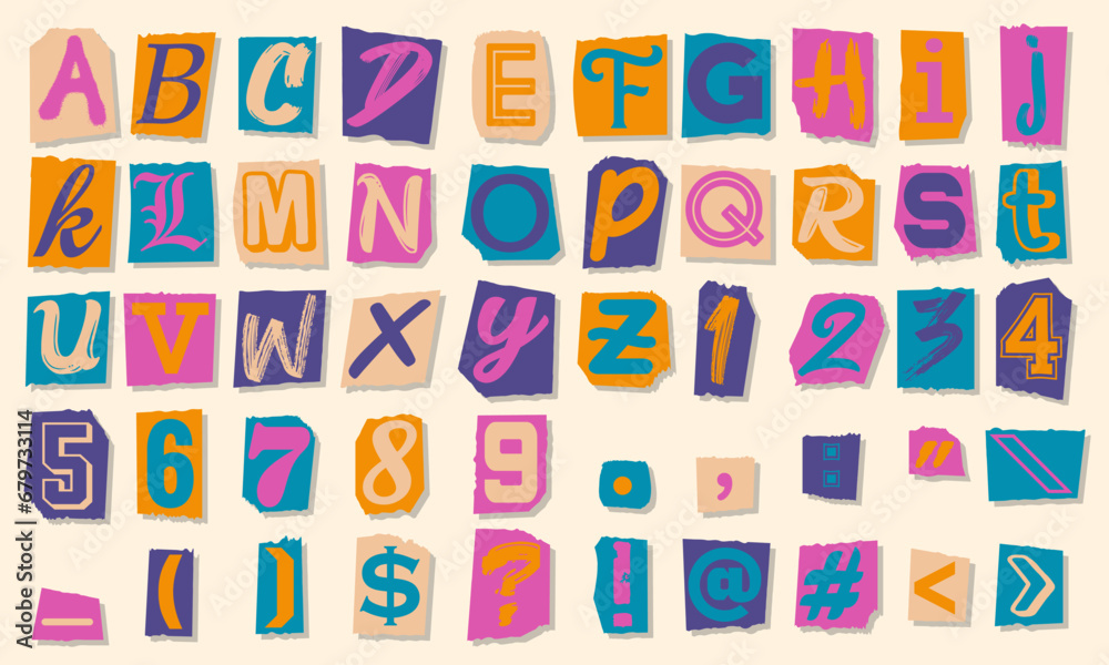 Collection of colorful paper cut alphabet letters. Collage of abc alphabet, numbers and punctuation marks. Vector illustration Collection of colorful paper cut alphabet letters. Collage of abc alphabet, numbers and punctuation marks. Vector illustration