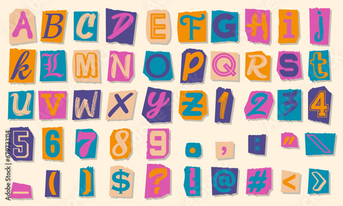 Collection of colorful paper cut alphabet letters. Collage of abc alphabet, numbers and punctuation marks. Vector illustration