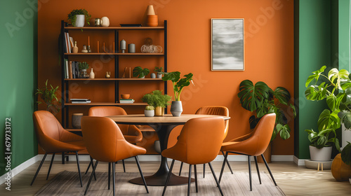 Une salle à manger contemporaine avec des chaises en cuir orange, une table à manger en bois et des plantes d'intérieur.