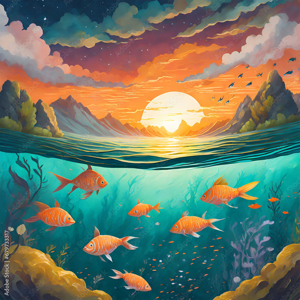 Fototapeta premium Beautiful golden fishes swimming in the sea and flying in the sky