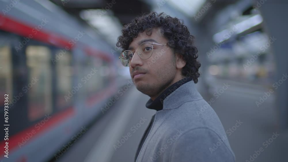 Headshot Of Indian Man With Glasses Commuting In Train Station Headshot Of Indian Man With Glasses Commuting In Train Station