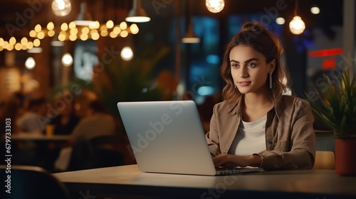 Young businesswoman using computer tablet. beautiful girl working at cafe. Young beautiful happy woman.