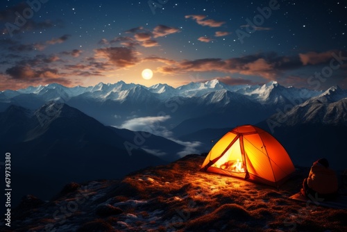 Starry night in the moonlit mountains serene tourist camp with cozy tent and mesmerizing sky