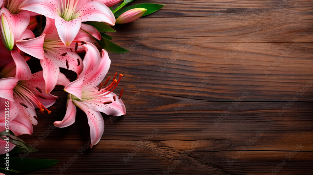 Lily flowers on a wooden background. Generative AI, Lily flowers on a wooden background. Generative AI,
