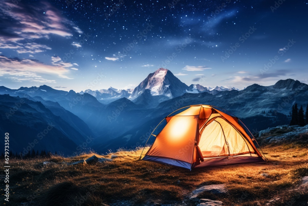 Moonlit mountains and serene tourist camp with cozy tent under mesmerizing starry sky