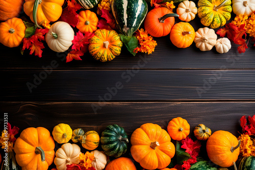 Various pumpkins on a wooden background. Generative AI 