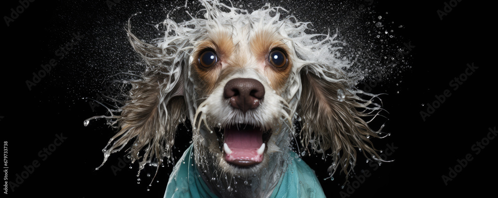 Portrait of dog showering with shampoo - obrazy, fototapety, plakaty 