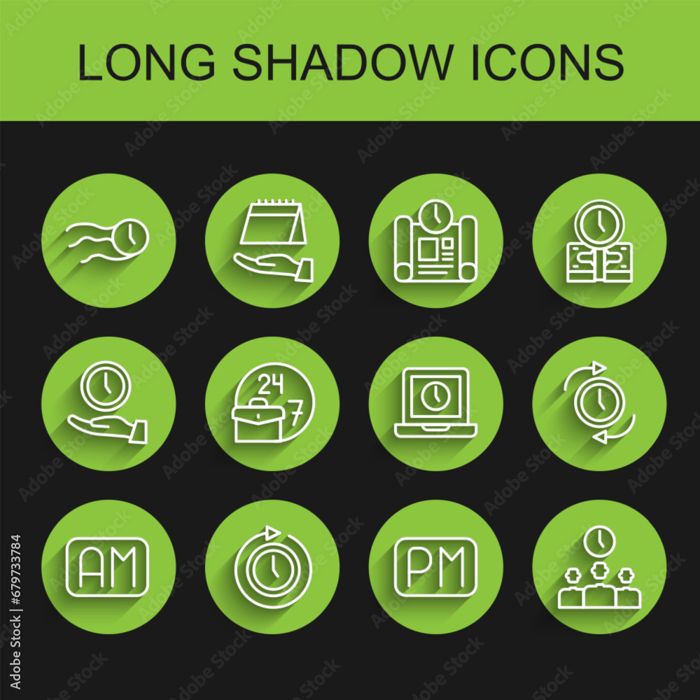 Set line Morning time, Clock with arrow, Time flies on the clock, Day, Management, Always busy, and Laptop icon. Vector Set line Morning time, Clock with arrow, Time flies on the clock, Day, Management, Always busy, and Laptop icon. Vector