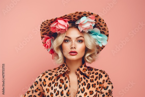 beautiful girl with flower pattern hat on her head, wearing leopard print dress