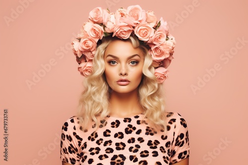 beautiful girl with flower pattern hat on her head, wearing leopard print dress