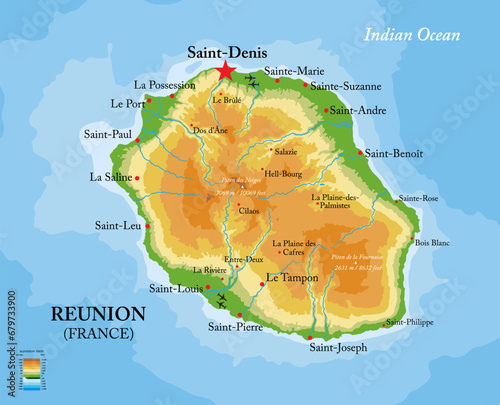 Reunion island highly detailed physical map