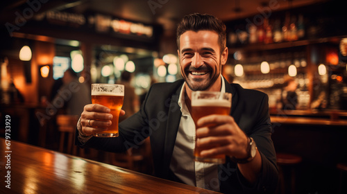 hombre sosteniendo dos vasos de cerveza en un bar 