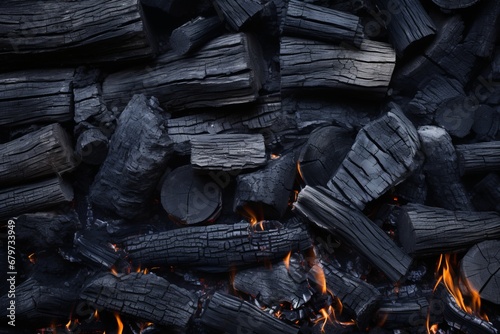 Abstract charred wood texture background with copyspace for text placement top view perspective