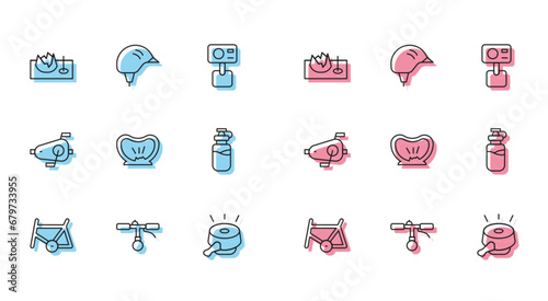 Set line Bicycle frame, handlebar, on street ramp, bell, punctured tire, Sport bottle with water, pedals and helmet icon. Vector