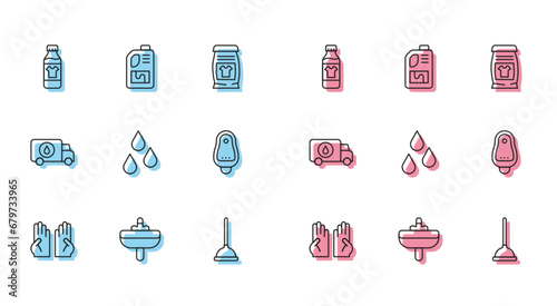 Set line Rubber gloves, Washbasin, Bottle for cleaning agent, plunger, Water drop, Toilet urinal pissoir, Plumber service car and Drain cleaner bottle icon. Vector
