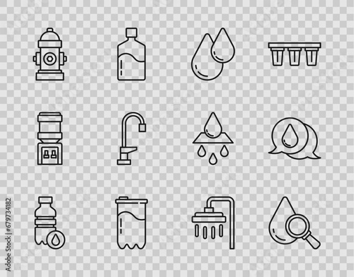 Set line Bottle of water, Drop and magnifying glass, Water drop, filter cartridge, Fire hydrant, tap, Shower and icon. Vector