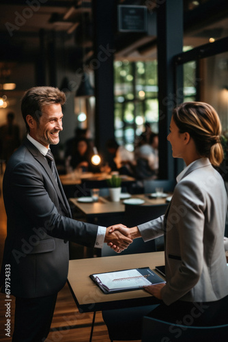 Businessman and businesswoman shaking hands in a coffee shop. Business people shaking hands.