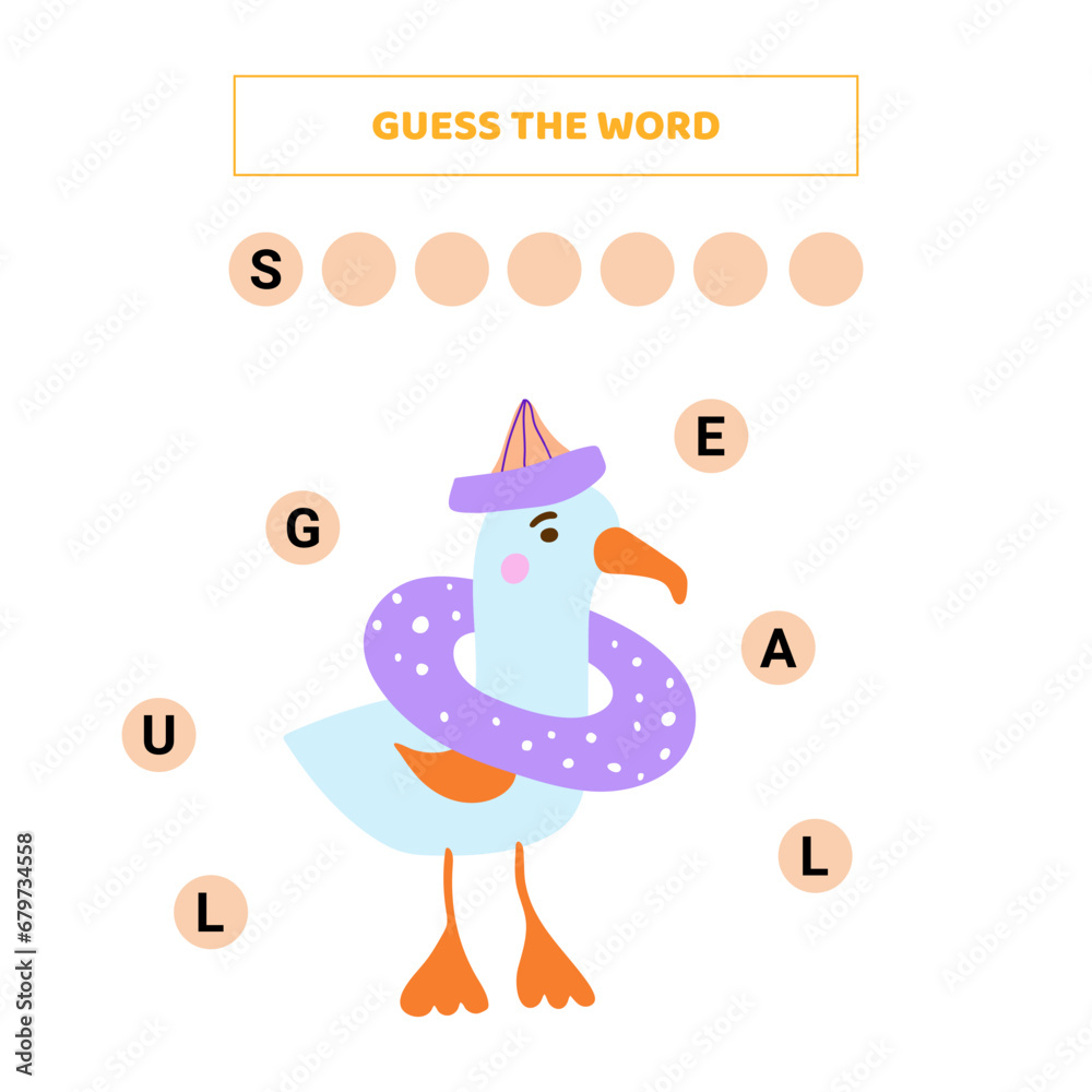 Guess the word. Educational game for kids with cute cartoon seagull. Guess the word. Educational game for kids with cute cartoon seagull.