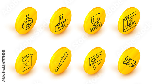 Set line Police electric shocker, Bloody money, Baseball bat with nails, Canister fuel, Internet piracy, Kidnaping, Grave tombstone and Poison bottle icon. Vector