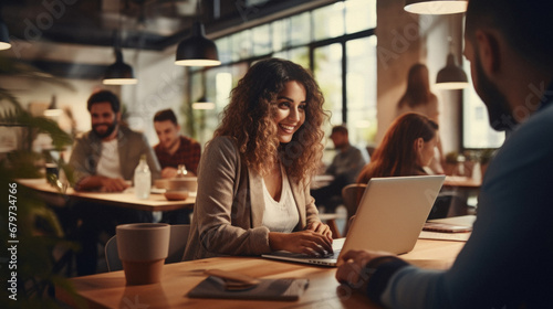 Young businesswoman working on laptop while her colleagues sitting in the background.