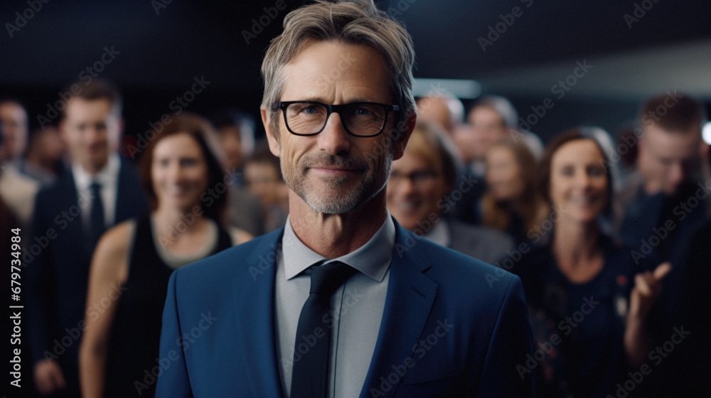 Portrait of handsome mature businessman in eyeglasses standing in conference hall. Portrait of handsome mature businessman in eyeglasses standing in conference hall.