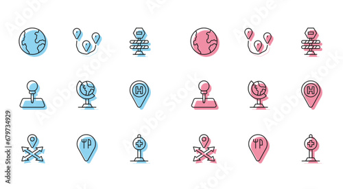 Set line Location, Cafe and restaurant location, Earth globe, with cross hospital, Helicopter landing pad, Push pin and Route icon. Vector