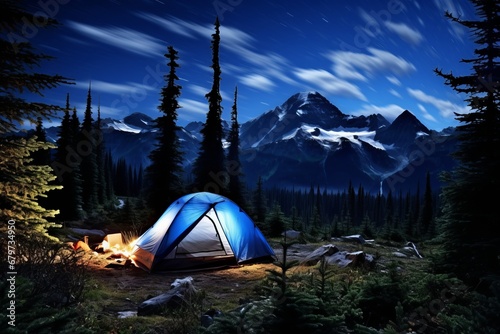 enchanting moonlit mountains serene tourist camp with cozy glowing tent and mesmerizing starry sky