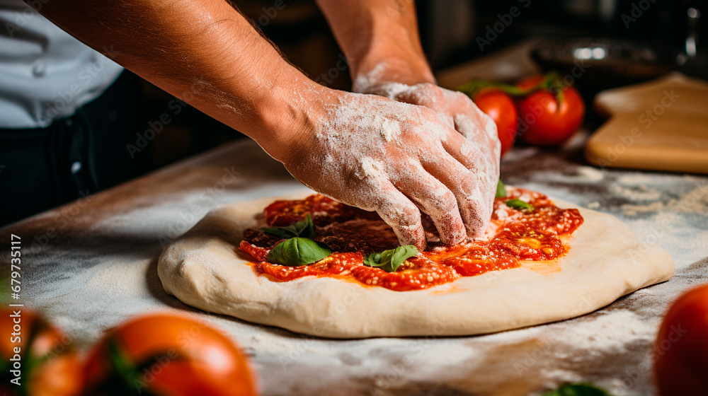Chef's hands preparing pizza. Generative AI,