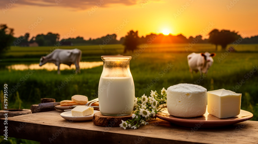 Cow dairy products on a farm background. Generative AI, Cow dairy products on a farm background. Generative AI,