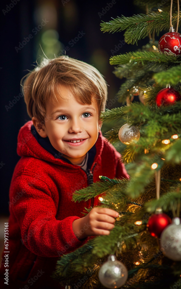 A beautiful smiling little boy is excited as she decorates the Christmas tree A beautiful smiling little boy is excited as she decorates the Christmas tree