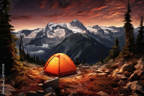 Moonlit mountains embrace serene tourist camp with cozy tent under mesmerizing starry sky
