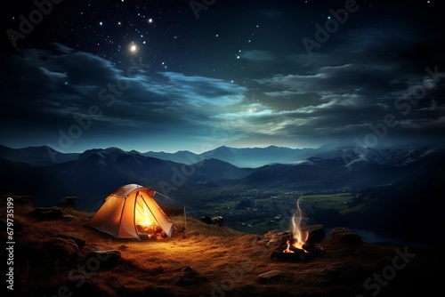 Enchanting moonlit mountains cozy tent in serene tourist camp under captivating starry sky
