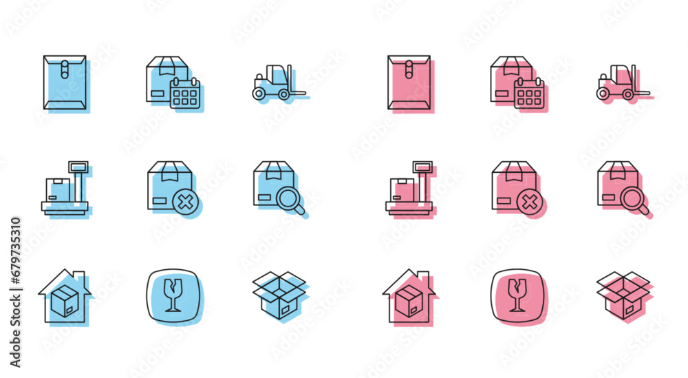 Set line Home delivery services, Fragile broken glass, Envelope, Unboxing, Carton cardboard, Search package, Scale with and Cardboard calendar icon. Vector Set line Home delivery services, Fragile broken glass, Envelope, Unboxing, Carton cardboard, Search package, Scale with and Cardboard calendar icon. Vector