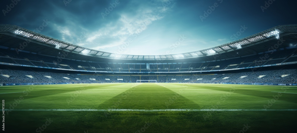 Vibrant and visually striking generative photo featuring the lush green lawn of a soccer stadium - obrazy, fototapety, plakaty 