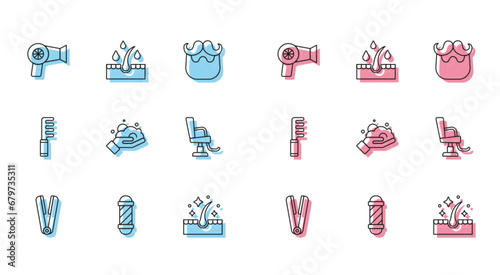 Set line Curling iron for hair, Classic Barber shop pole, Hair dryer, Oil care treatment, Shaving foam hand, Barbershop chair, Hairbrush and icon. Vector