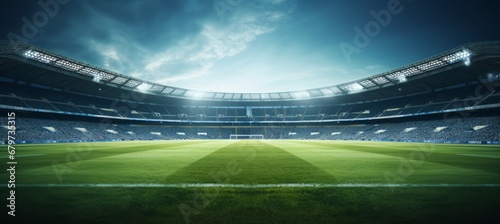 Vibrant and visually striking generative photo featuring the lush green lawn of a soccer stadium photo