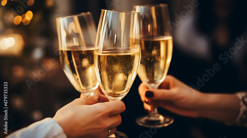 People clinking glasses with champagne at home, closeup photo