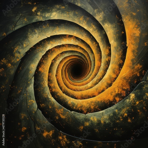A colossal spiral featuring subdued yellow and green hues, culminating in a black hole at its base.