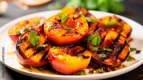 Grilled peaches on a plate. Generative AI,