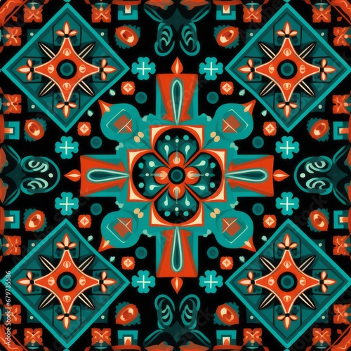 A sizable turquoise pattern set against a black backdrop, fashioned in the vintage style of light red and dark gray, pixelated.