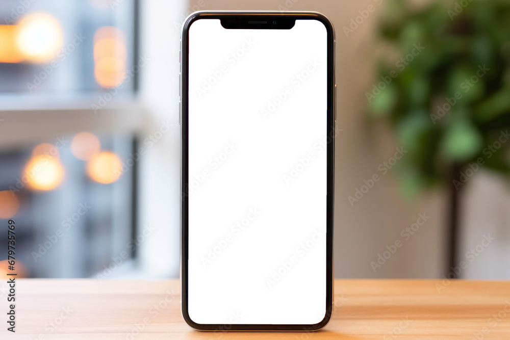 Smartphone on table with white isolated screen as copy space or place for inscription Smartphone on table with white isolated screen as copy space or place for inscription