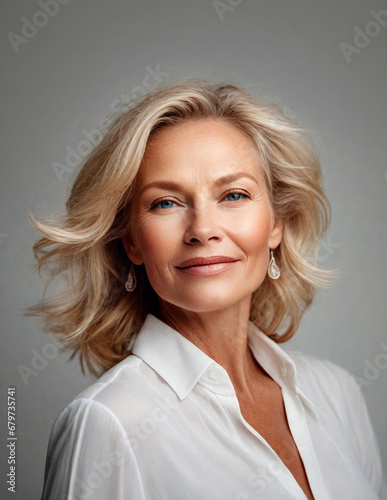 Mature model woman, 50s mid age elderly senior female portrait for beauty, skin, cosmetics, fashion. Beautiful blonde pretty old lady smiling. Makeup, skincare, dental. 40s 60s. For ad, advertisement.