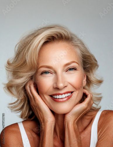 Mature model woman, 50s mid age elderly senior female portrait for beauty, skin, cosmetics, fashion. Beautiful blonde pretty old lady smiling. Makeup, skincare, dental. 40s 60s. For ad, advertisement.