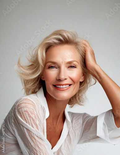 Mature model woman, 50s mid age elderly senior female portrait for beauty, skin, cosmetics, fashion. Beautiful blonde pretty old lady smiling. Makeup, skincare, dental. 40s 60s. For ad, advertisement.