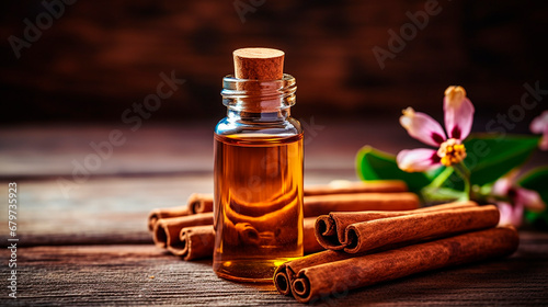 Cinnamon essential oil in a bottle. Generative AI,