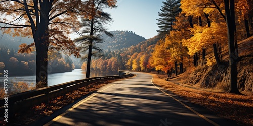 AI Generated. AI Generative. Nature outdoor road highway path asphalt at autumn season at beautiful background with forest and mountain landscape. Graphic Art