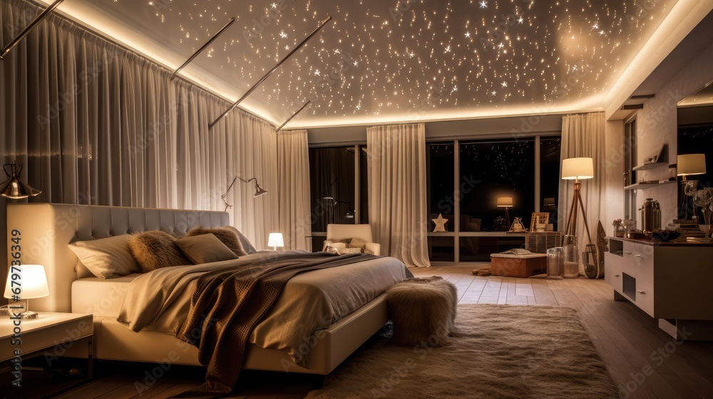 Modern luxury beautiful interior with panoramic windows. Design bedroom with bright night lighting and sunset