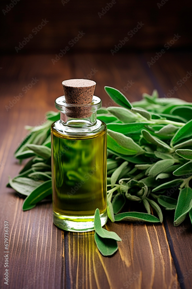 Sage essential oil in a bottle. Generative AI, Sage essential oil in a bottle. Generative AI,