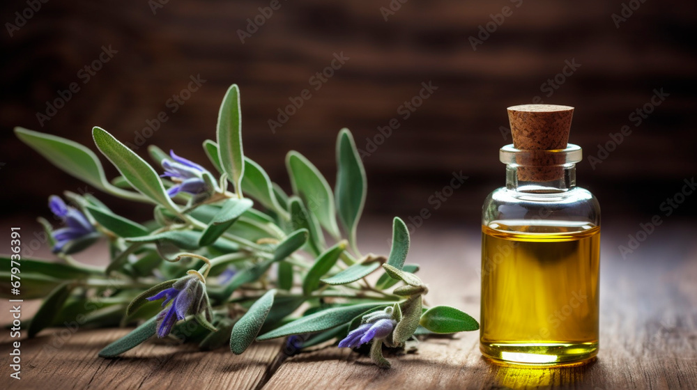 Sage essential oil in a bottle. Generative AI, Sage essential oil in a bottle. Generative AI,