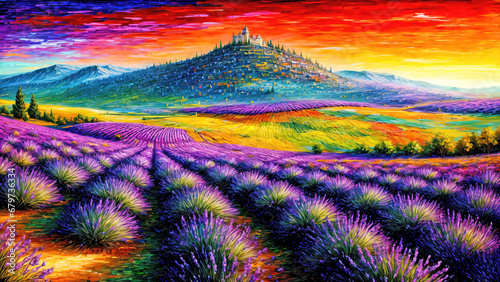 Lavender fields summer landscape in Provence at sunset, oil painting on canvas.